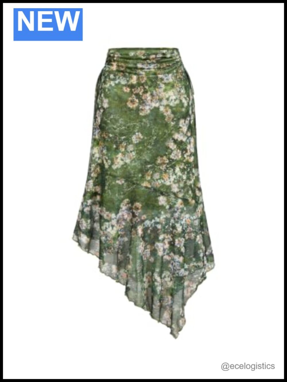 Boho Floral Midi Skirt Womens Ruched Asymmetrical High Rise